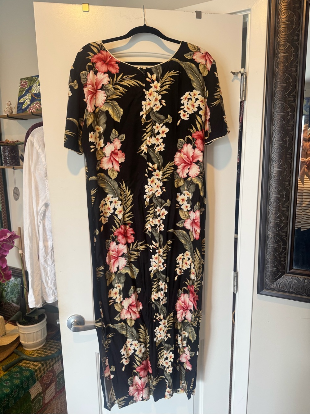 Black Floral Maxi Dress with Pink Hibiscus